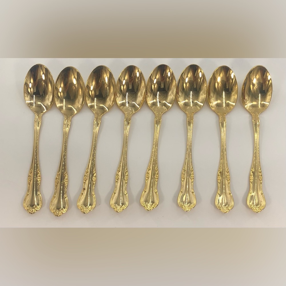 RSVP Flatware Gold Electroplate Floral Teaspoons RXV2 Set of 8 Teaspoons, 6” - Picture 2 of 2